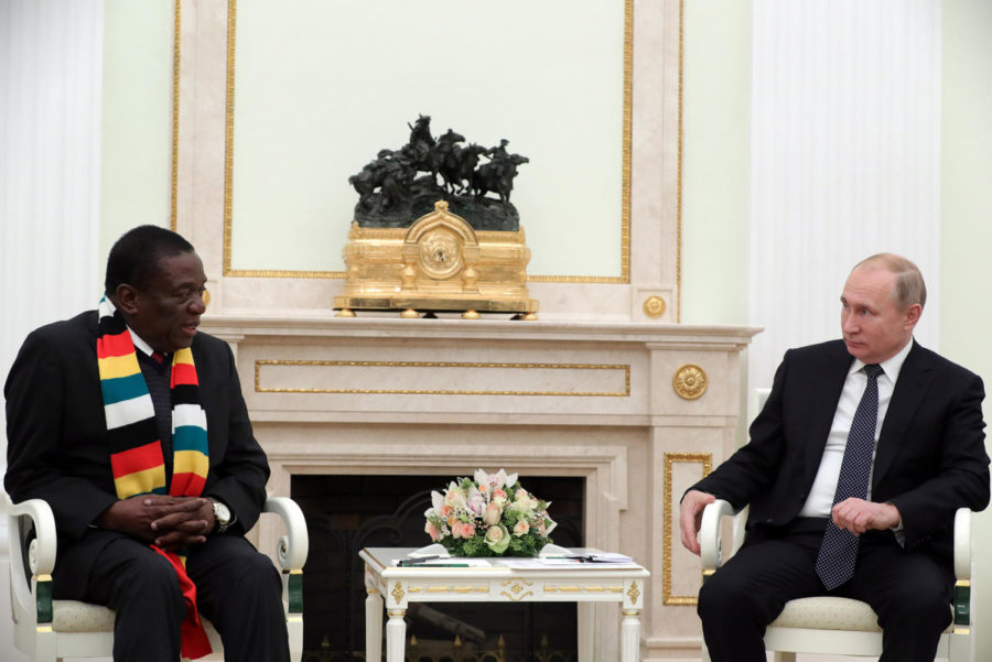 Zimbabwes President Emmerson Mnangagwa, left, and Russias President Vladimir Putin during a meeting at the Moscow Kremlin on Jan. 15, 2019.