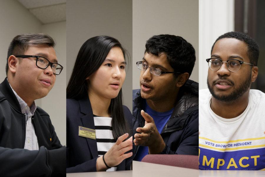 Frontier’s presidential candidate Albert Tanjaya (from left), 19Forward’s board candidate Lynn Dang, board candidate Aman Reddy and Impact’s presidential candidate Zechariah Brown.