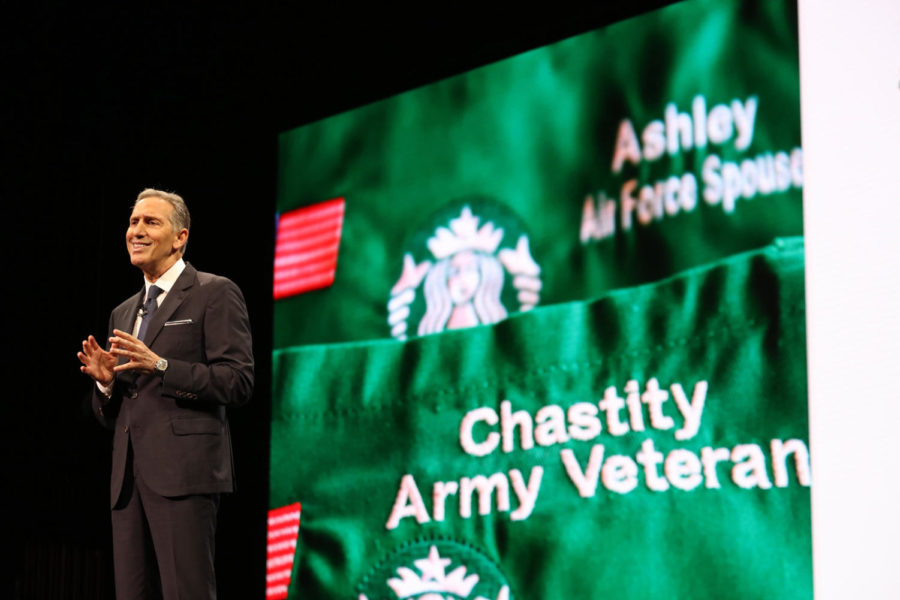 Starbucks Chairman Howard Schultz talks about how many veterans the company will be hiring on March 22, 2017 at the Starbucks shareholders meeting in Seattle, Wash. (Steve Ringman/Seattle Times/TNS)