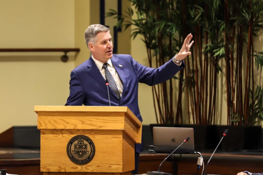 Chancellor Patrick Gallagher speaks during the February 2019 Board of Trustees meeting.