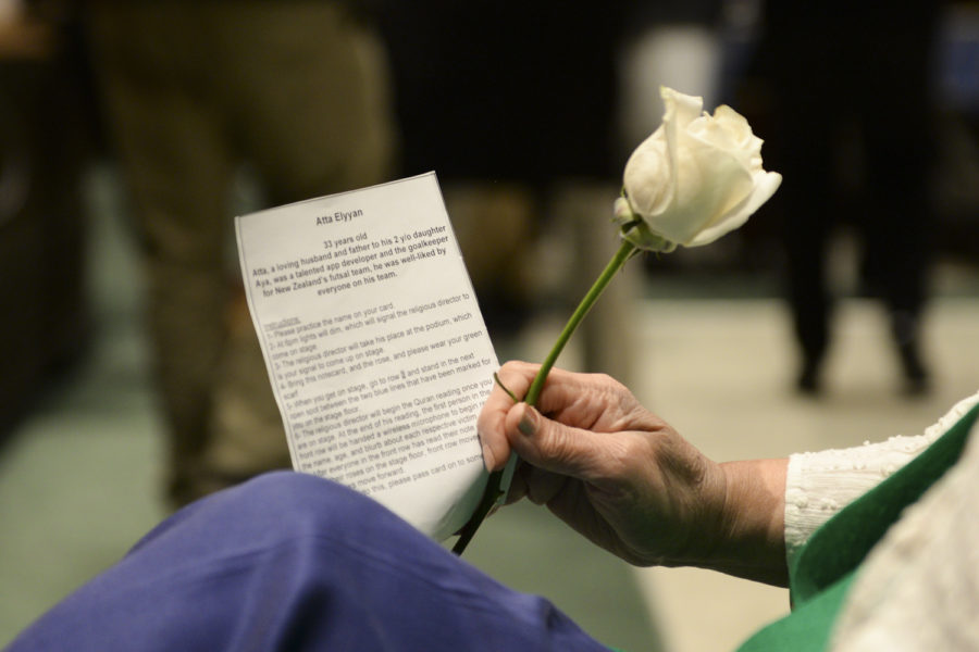 “Rehumanize: A Vigil for Muslims in New Zealand” began with a ceremony of 50 volunteers going on stage, each holding a white rose to represent one of the victims from the Christchurch shooting.

