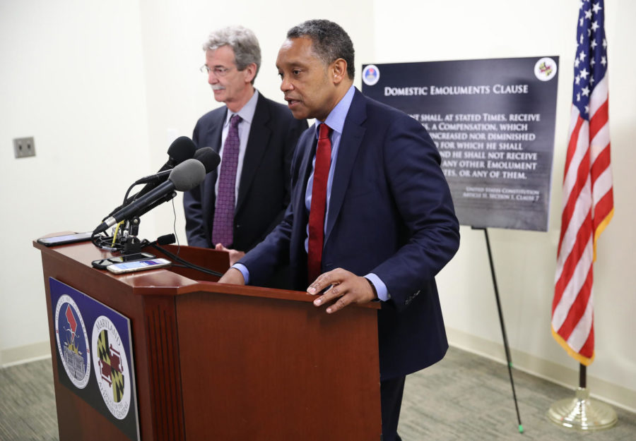 Maryland Attorney General Brian Frosh (L) and District of Columbia Attorney General Karl Racine (R) answer questions after a case before the United States Court of Appeals for the Fourth Circuit March 19, 2019 in Richmond, Virginia. (Win McNamee/Getty Images/TNS) **FOR USE WITH THIS STORY ONLY**