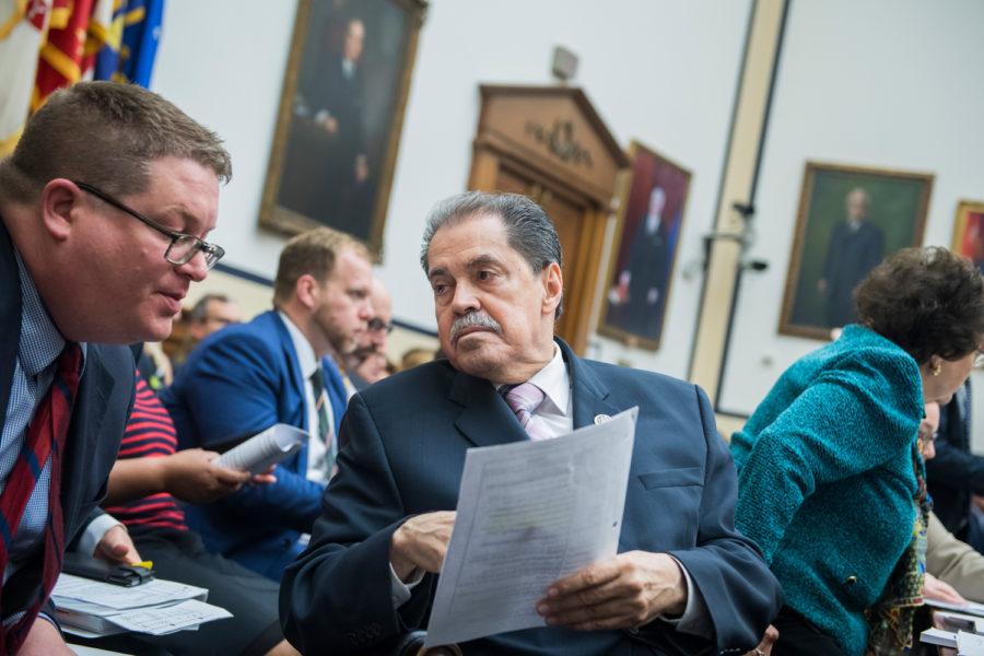 Rep. Jose Serrano, D-N.Y., talks with an aide during a House Appropriations Committee mark up of the FY 2019 Commerce, Justice and Science Appropriations bill in Rayburn Building on May 17, 2018.
