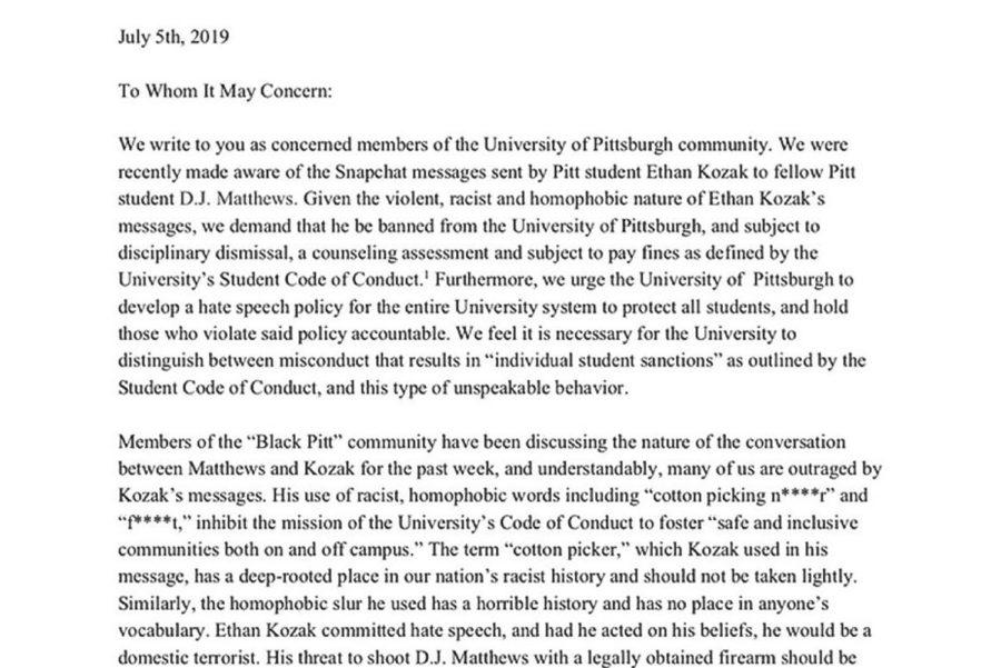 The Pitt student leaders’ letter to administrators calling for the expulsion of Ethan Kozak.
