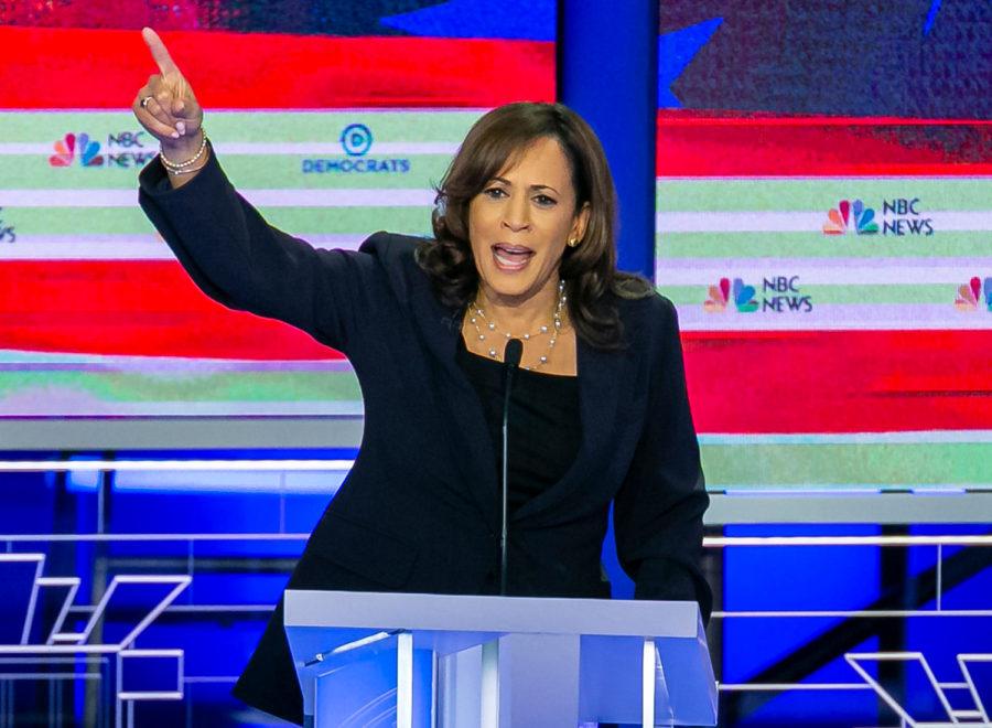 Democratic presidential candidate Sen. Kamala Harris, D-Calif., speaks during the second night of the first Democratic presidential debate on Thursday, June 27, at the Arsht Center for the Performing Arts in Miami.
