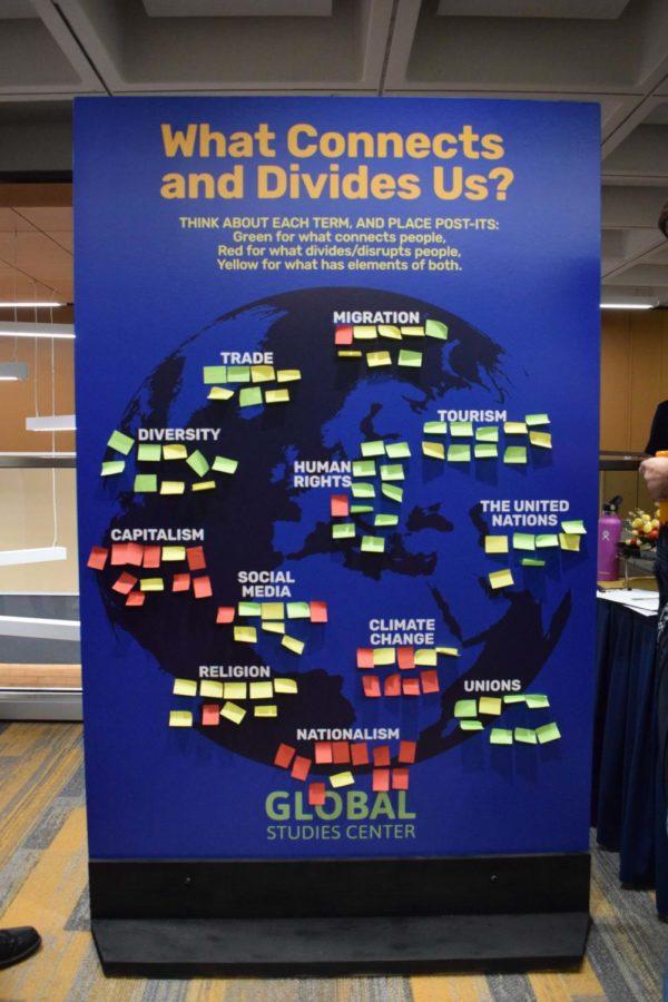 Visitors placed sticky notes on a map of the world expressing their opinions on topics that divide and connect people around the globe. 