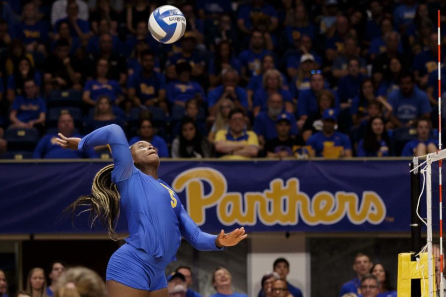 Chinaza Ndee returns the ball. Pitt Volleyball swept Virginia Tech on Sunday evening, with Ndee contributing 8 kills.  