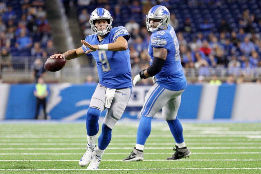 Detroit Lions quarterback Matthew Stafford (9) throws a pass during their NFL preseason game against the Buffalo Bills at Ford Field in Detroit, on Friday, Aug. 23. 