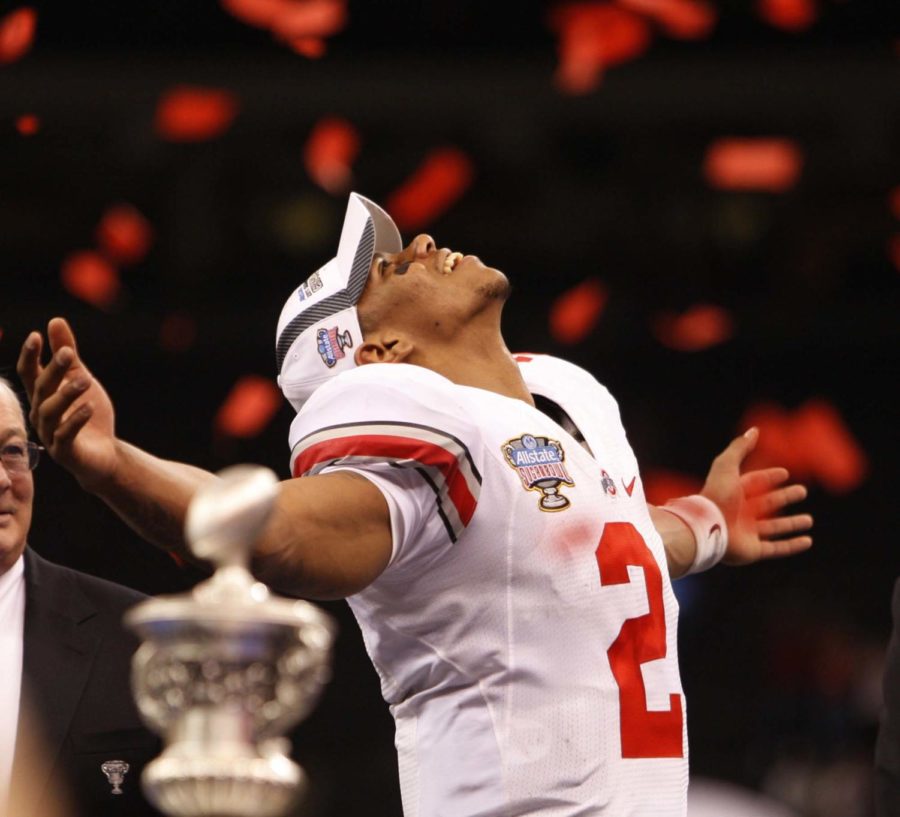 Ohio State quarterback Terrelle Pryor (2) watches the confetti swirl around him Sugar Bowl at the Louisiana Superdome in New Orleans, Louisiana, on Tuesday, January 4, 2011.