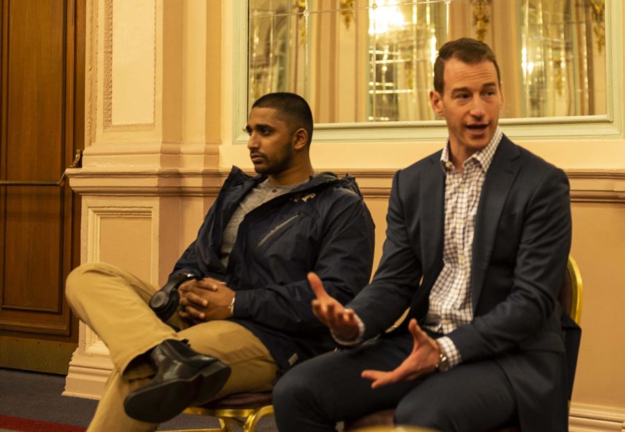 Wasi Mohamed (left) and Andrew Exler addressed a small gathering of Pitt students Wednesday evening as part of a “Speaking Out Against Hate: How to Combat Hateful Speech and Acts” lecture. 