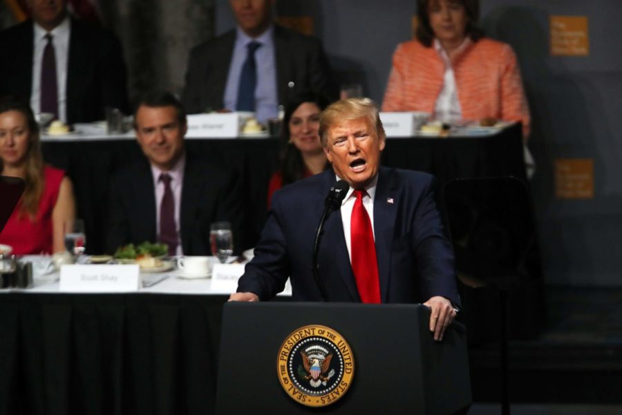 President Donald Trump speaks at the Economic Club of New York on Nov. 12 in New York City. Trump, speaking to business leaders and others in the financial community, spoke about the state of the U.S. economy and the prolonged trade talks with China. 