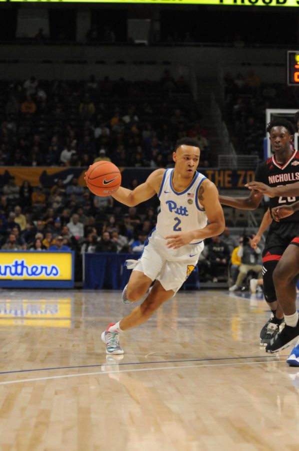 Trey McGowens, pictured here against Nicholls State, led Pitt with 25 points against Robert Morris University.
