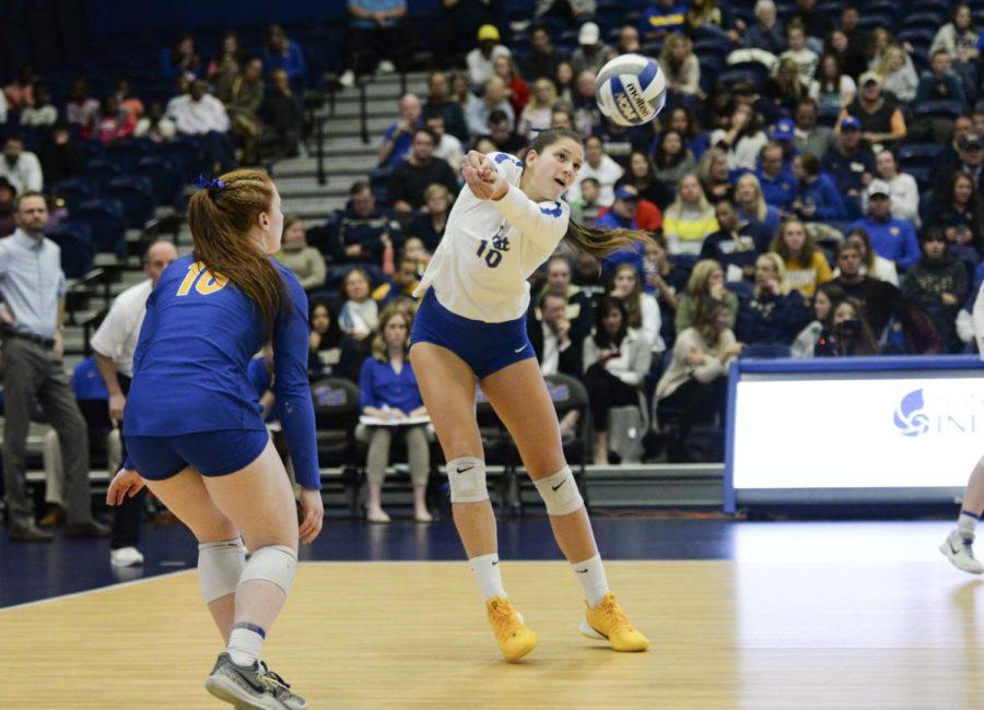 Zoi Faki (10) returns the ball. Pitt volleyball swept Duke on Sunday and earned its best ACC start ever. 

