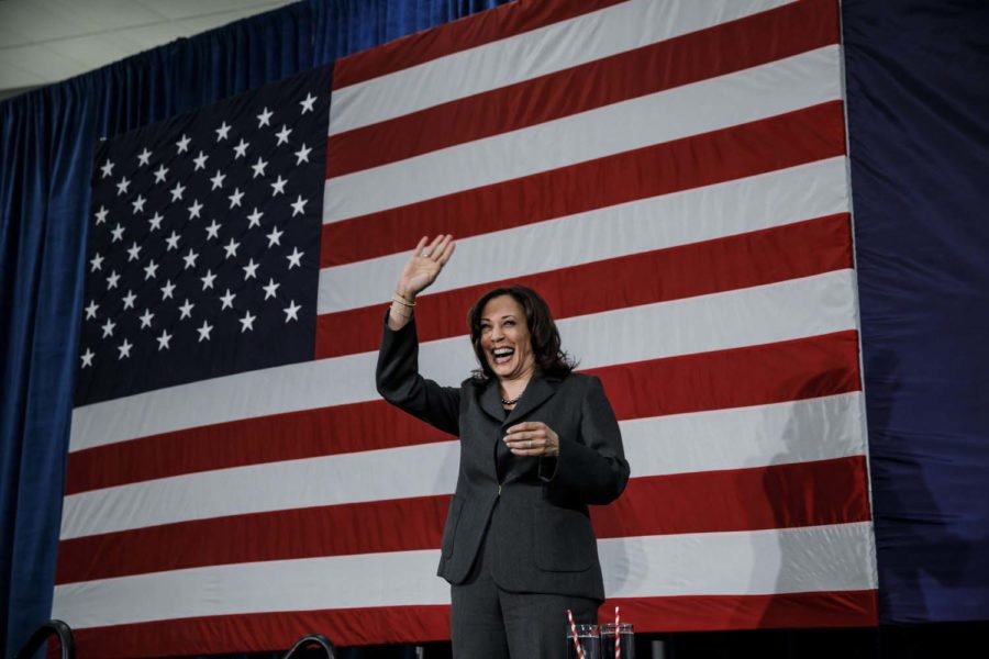 Sen. Kamala Harris, D-Calif., greets the crowd at a campaign rally at the FFA Enrichment Center in Ankeny, Iowa, on Feb. 23. 