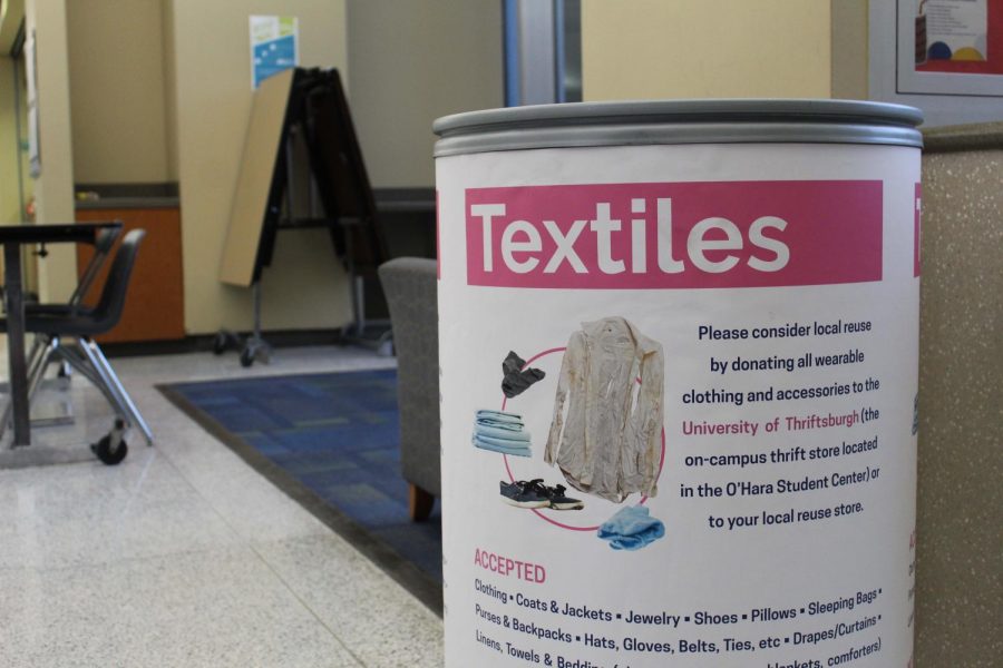 The Office of Sustainability partnered with PittServes, Logistics and The University of Thriftsburgh to implement a textile recycling program on Pitt’s campus. Nineteen collection bins are located around campus. 