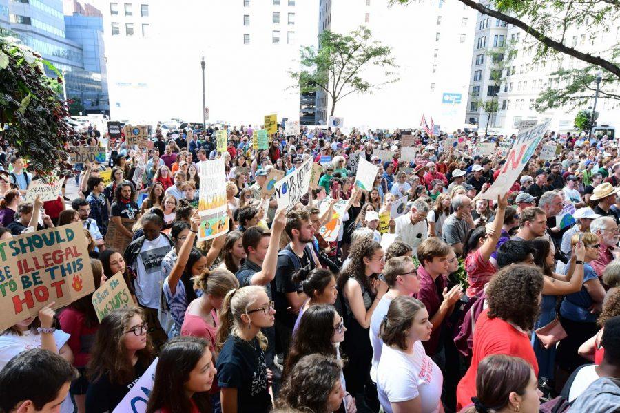 The climate march in Pittsburgh fills the street outside the City-County Building in September 2019. 
