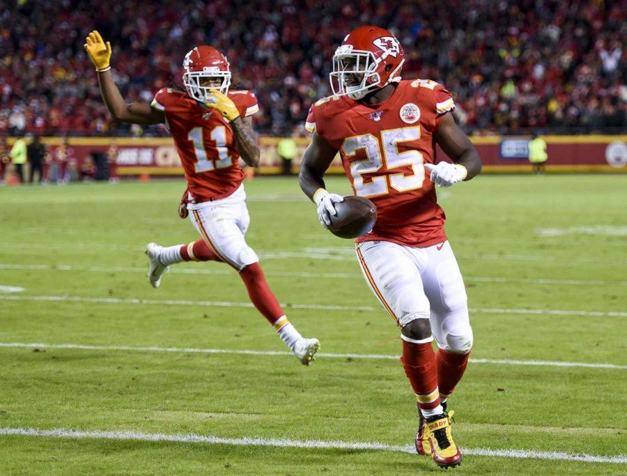 Kansas City Chiefs running back LeSean McCoy (25) runs for a touchdown on a pass during the second half of their football game against the Oakland Raiders on Dec. 1, 2019, at Arrowhead Stadium in Kansas City. The Chiefs won, 40-9. 