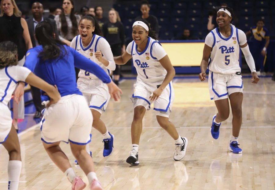Pitt women’s basketball celebrates after breaking a two-month losing streak with a win against Wake Forest. 