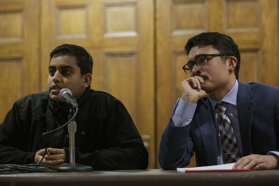 SGB presidential candidates Ravi Gandhi (left) and Eric Macdangdang (right) disagree over the effectiveness of SGB’s current allocation system at Monday’s SGB presidential debate.
