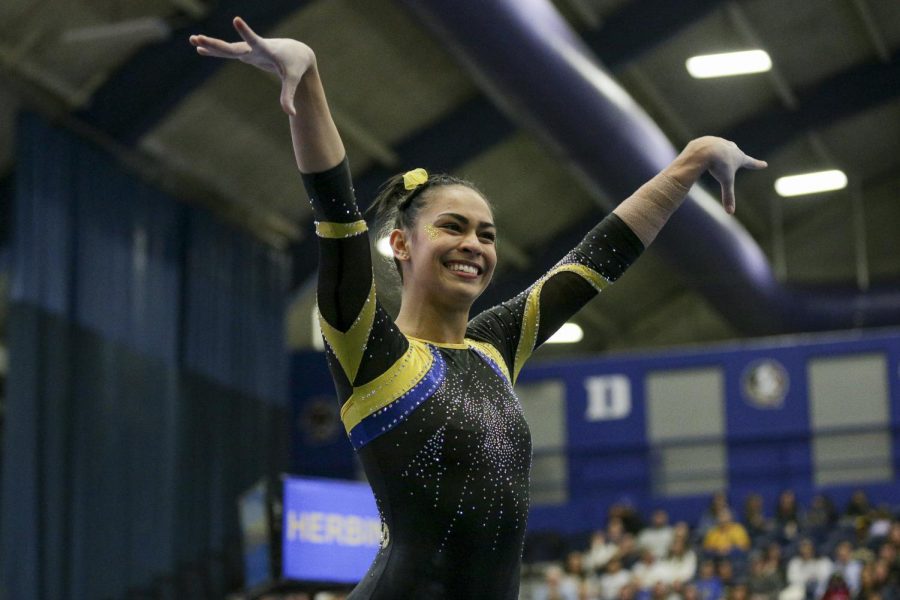 Senior+Deven+Herbine+achieved+a+career-high+9.850+on+beam+at+Monday+evening%E2%80%99s+meet+with+Southern+Utah.