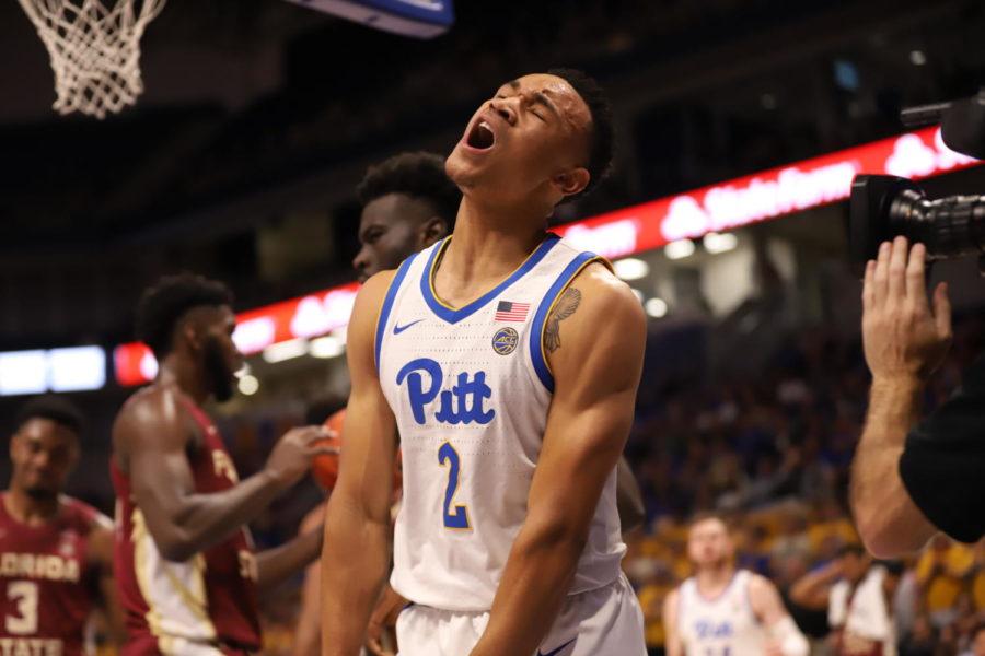 Trey McGowens celebrates during Pitts 63-61 win over Florida State. 
