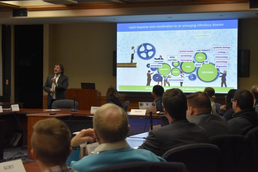 Dr. Paul Duprex, director of Pitt’s Center for Vaccine Research, speaks about COVID-2019 at a February Senate Council meeting. 