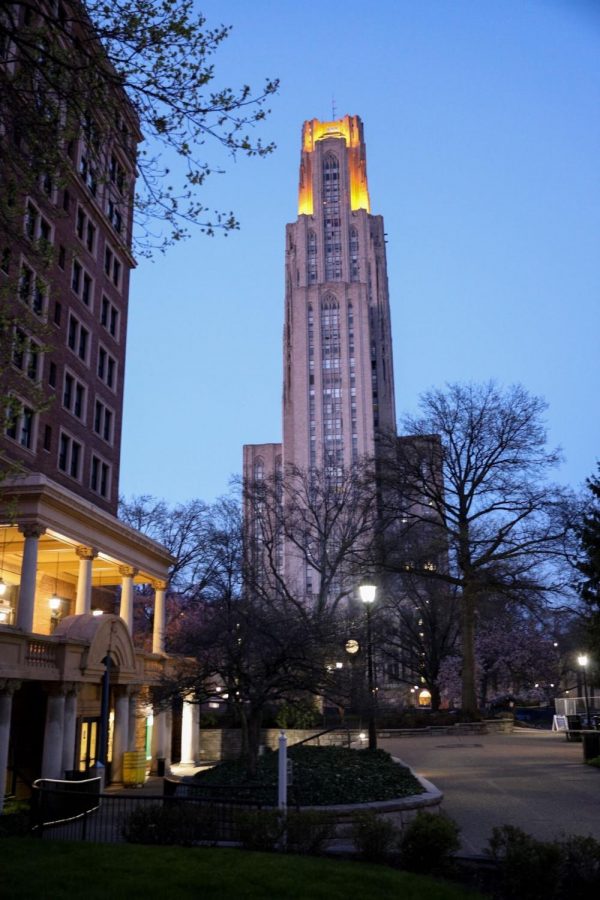 The Cathedral of Learnings Victory Lights were lit as part of Tuesday night’s Illumination Ovation.