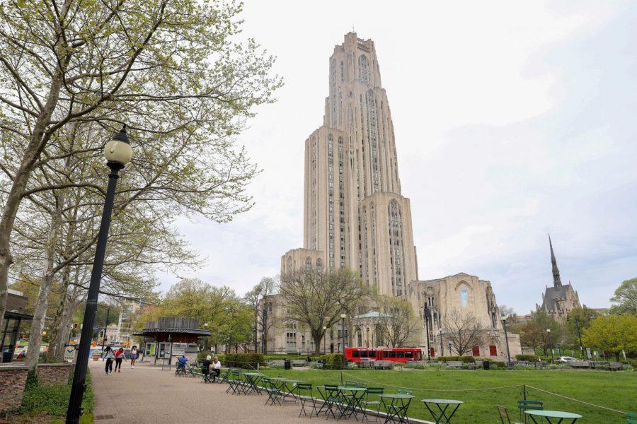 The Cathedral of Learning watches over an empty Pitt campus.
