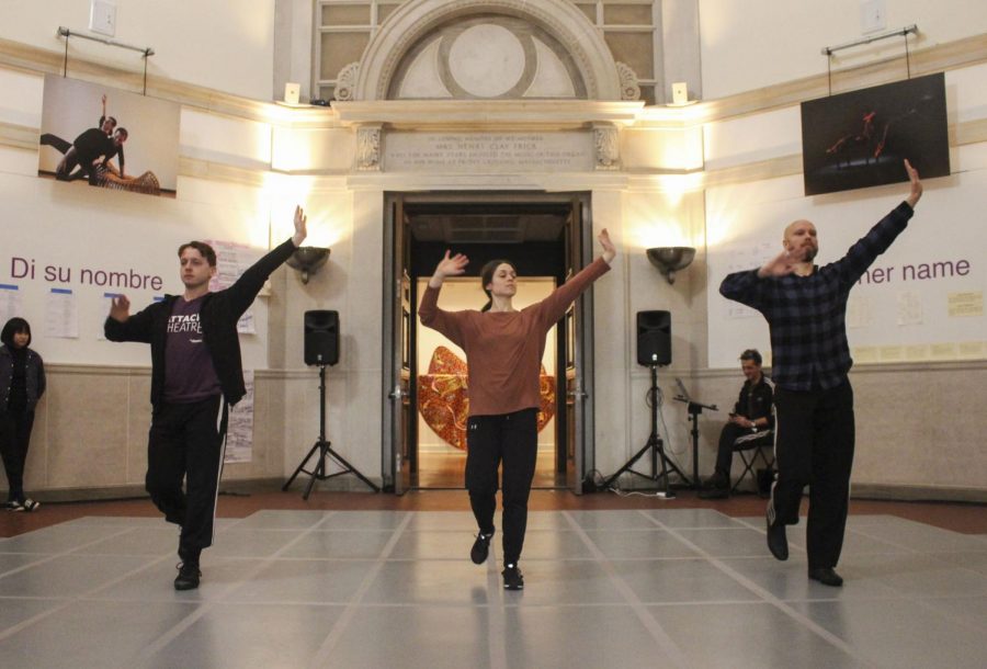 Members of Attack Theatre, a Pittsburgh-based dance company, begin a February open rehearsal in the Frick Fine Arts University Gallery. The event is sponsored by Pitt’s Year of Creativity and is meant to showcase the process of dancemaking.