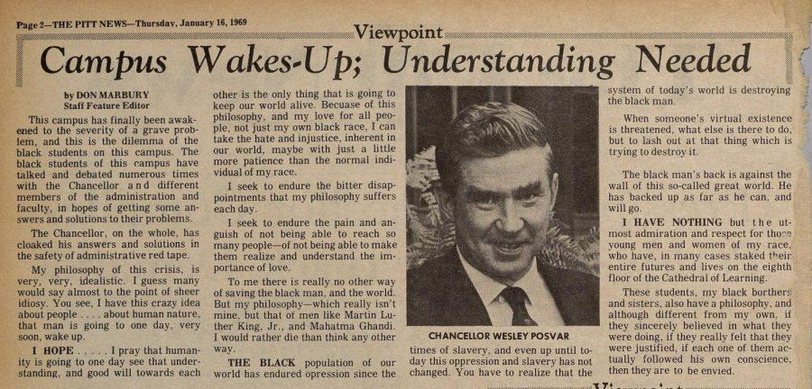 A column written by former editor-in-chief Don Marbury in the Jan. 16, 1969, edition of The Pitt News. 