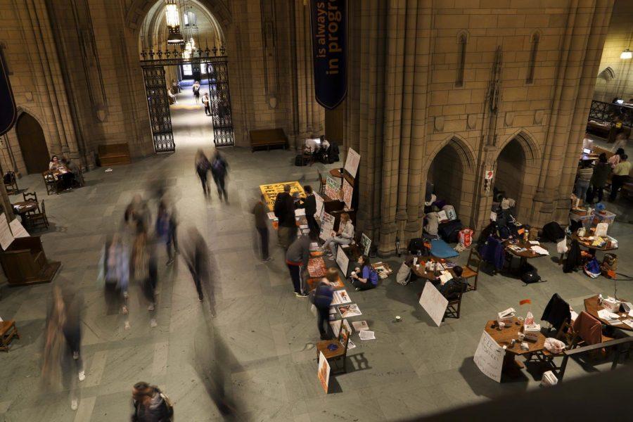 The Fossil Free Pitt Coalition held a sit-in in the Cathedral Learning in February to demand the board of trustees divest from fossil fuels.