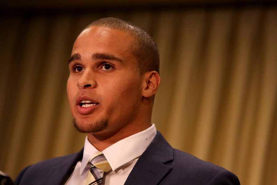 Kain Colter, a quarterback and receiver who completed his college football career in 2013, announced that several Northwestern football players wished to join a labor union during a press conference at the Hyatt Regency in Chicago on Jan. 28, 2014. 