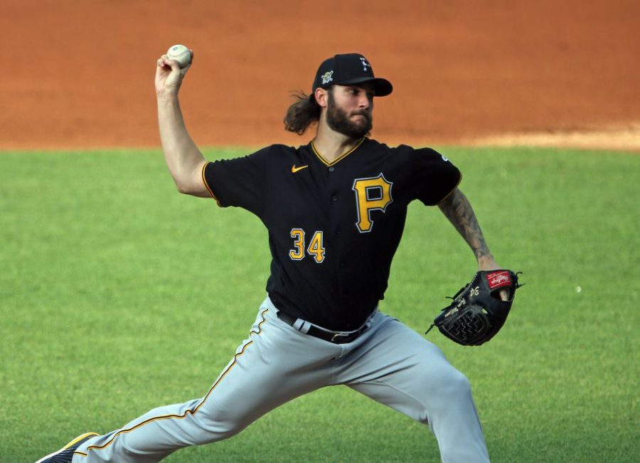 Pittsburgh+Pirates+starting+pitcher+Trevor+Williams+pitches+against+the+Cleveland+Indians+during+an+exhibition+game+at+Progressive+Field.+