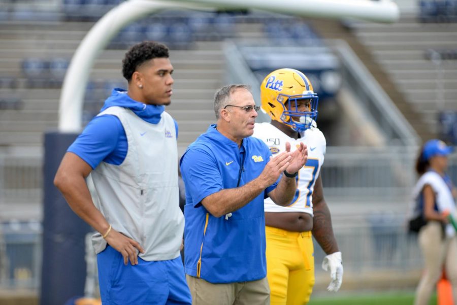 Pitt head football coach Pat Narduzzi (middle) points to players such as Rashad Weaver (left), Patrick Jones and Keyshon Camp to fill roles left by Jaylen Twyman (right) and Damarri Mathis. 