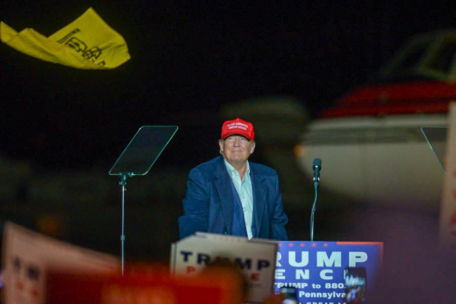 After stepping off of his plane at Pittsburgh International Airport, then-Republican presidential candidate Donald Trump waved a Terrible Towel and threw it into the crowd before his speech on Nov. 6, 2016. 