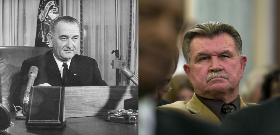 Left: Lyndon B. Johnson served as the 36th president of the United States. Keystone/Hulton Archive/Getty Images | TNS. Right: Mike Ditka played as tight end for the Pitt Panthers from 1958 to 1960. Chuck Kennedy | MCT, TNS