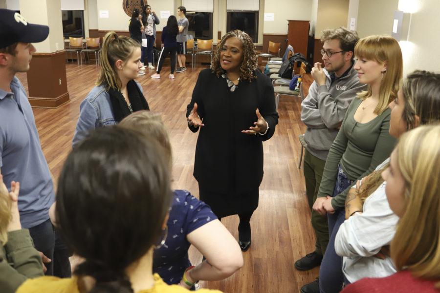 Kathy Humphrey, senior vice chancellor of engagement, at a spring 2019 event with students.