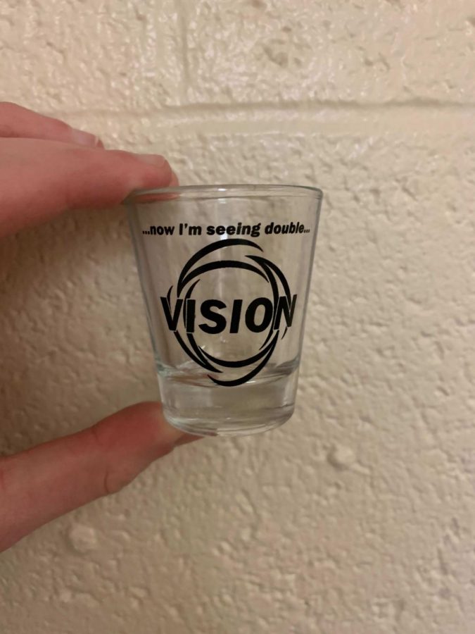A shot glass received by a first-year resident in Sutherland Hall.