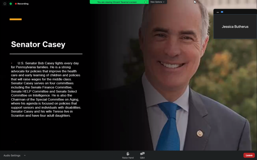 Pennsylvania Sen. Bob Casey dialed in Thursday evening to share his political insight with students across the Pittsburgh area — all while driving home from a late congressional meeting. 