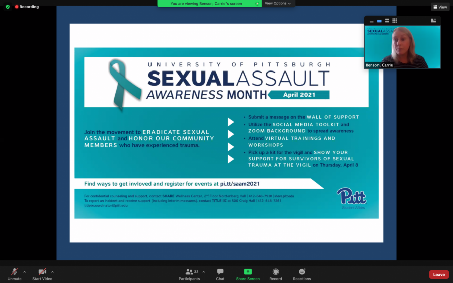 Pittsburgh+Action+Against+Rape+%E2%80%94+an+organization+to+help+victims+of+sexual+or+relationship+violence+%E2%80%94++led+a+discusson+via+Zoom+on+Thursday+to+talk+about+how+to+support+survivors+of+sexual+misconduct+on+college+campuses%2C+specifically+how+to+use+the+Title+IX+office%E2%80%99s+resources%2C+what+trauma+from+sexual+violence+can+look+like+and+how+to+help+victims+of+sexual+violence.+