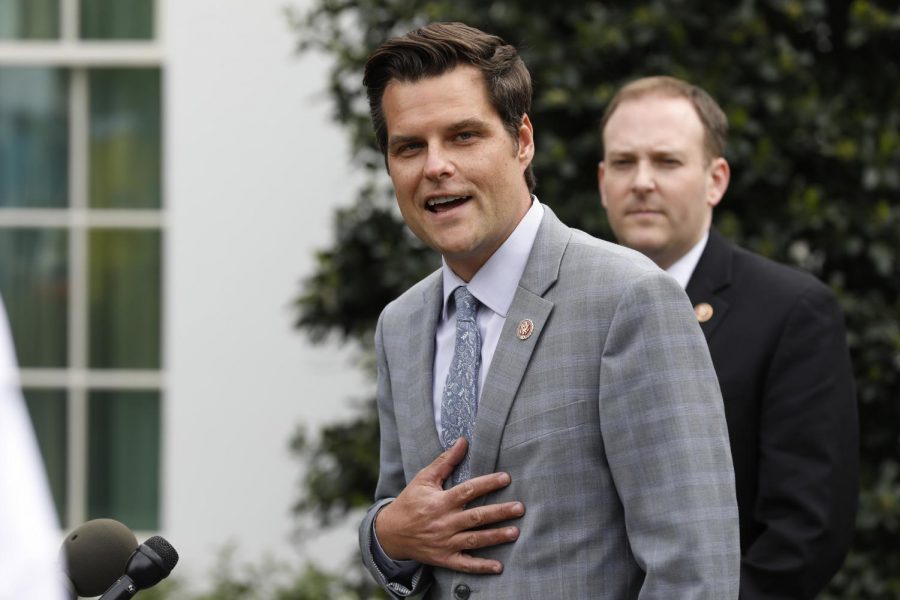 Congressperson+Matt+Gaetz%2C+R-Fla.%2C+speaks+with+reporters+after+a+meeting+with+then-President+Donald+Trump+at+the+White+House+on+April+21%2C+2020.