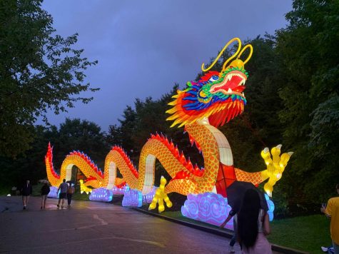 A 100-foot long brightly colored dragon stands at the end of The Pittsburgh Zoo and PPG Aquarium’s lantern-filled tunnel, one of the attractions of the zoo’s Asian Lantern Festival event.
