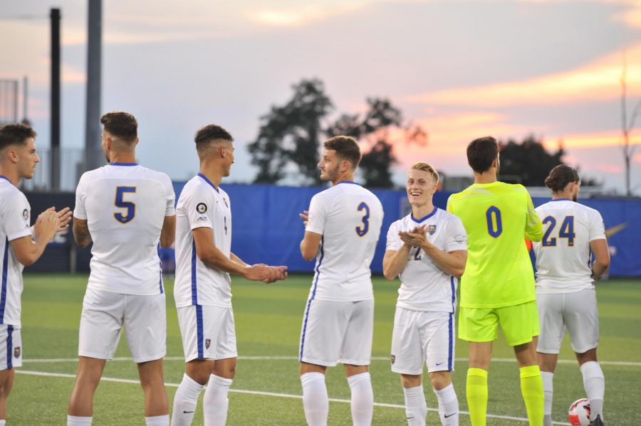 No. 3 Pitt men’s soccer, pictured here at last Thursdays game against Dusquesne, convincingly regained form in a 2-1 win over Lehigh in front of a packed home crowd Friday night at Ambrose Urbanic Field.