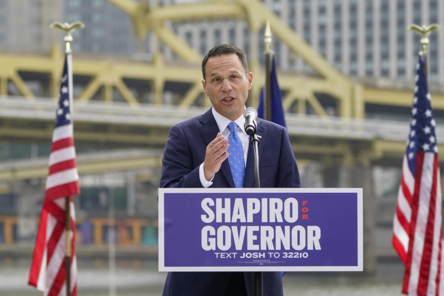 Pennsylvanias Democratic attorney general Josh Shapiro speaks to a crowd with the city behind him during his campaign launch address for Pennsylvania governor, Wednesday, Oct. 13, 2021, in Pittsburgh.