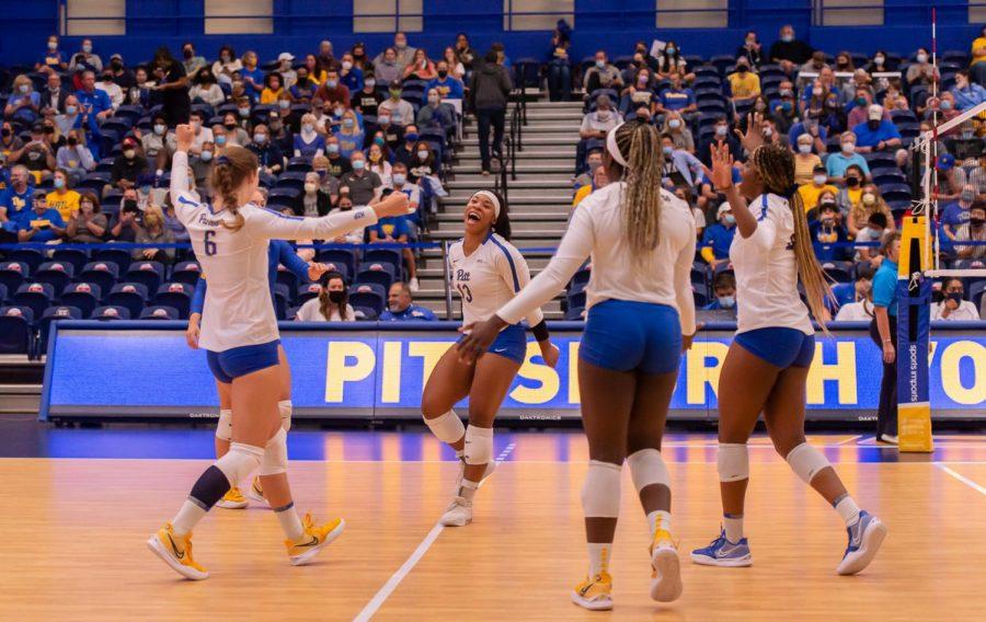 Pitt volleyball celebrates in this photo from its game against UVA in September.