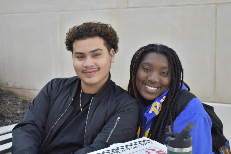 Jacob Santiago, left, a first-year media and professional communications major, and Trinity Johnson, a first-year biology major on the pre-med track in the courtyard of the William Pitt Union.
