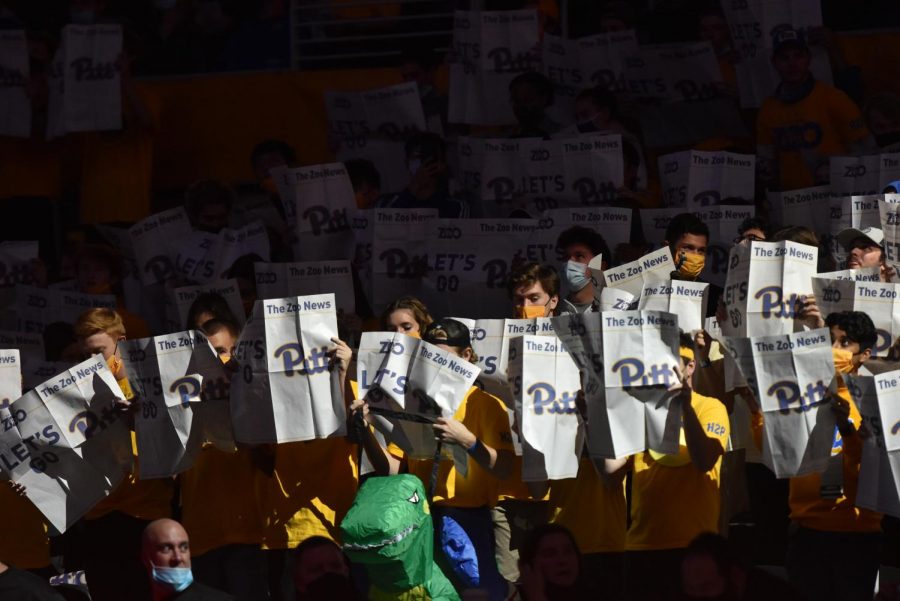 Pitt students reading The Zoo News at Pitt’s Tuesday men’s basketball game against Citadel.
