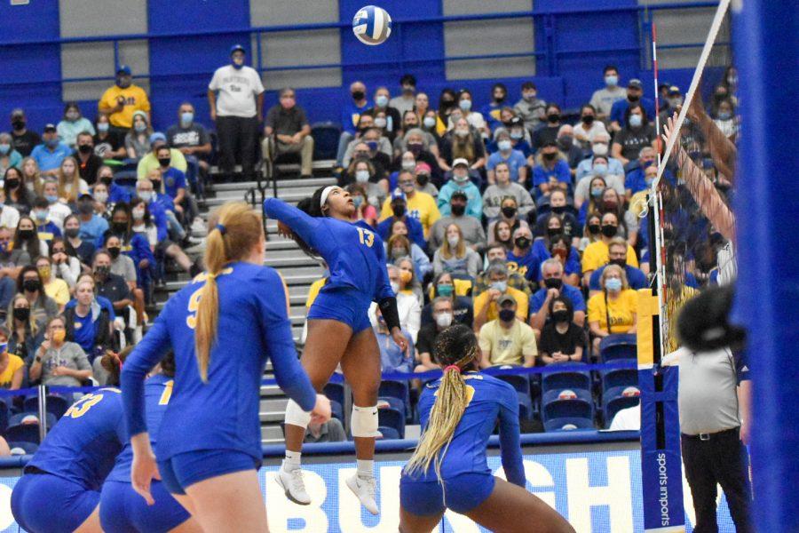 Pitt+junior+outside+hitter+Leketor+Member-Meneh+%2813%29+prepares+to+hit+the+ball+at+a+game+against+Georgia+Tech+at+Fitzgerald+Field+House+on+Nov.+10.+%0A