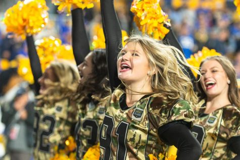 The Pitt cheer and dance team performs on the sidelines of the Pitt vs. UNC game in November.