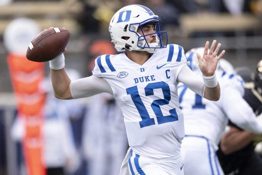 Duke quarterback Gunnar Holmberg (12) throws the ball during the first half of a game against Wake Forest University at Wake Forest’s Truist Field in Winston-Salem, N.C., on Saturday. 
